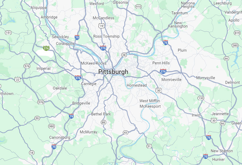 Map of the Pittsburgh-area towns Resnick Roofing services